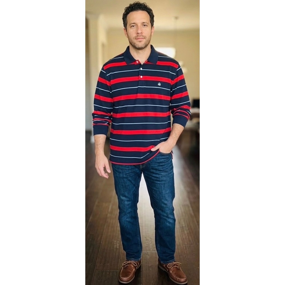 Brooks Brothers Performance Polo Striped Long Sleeve Navy Red Men's XXL